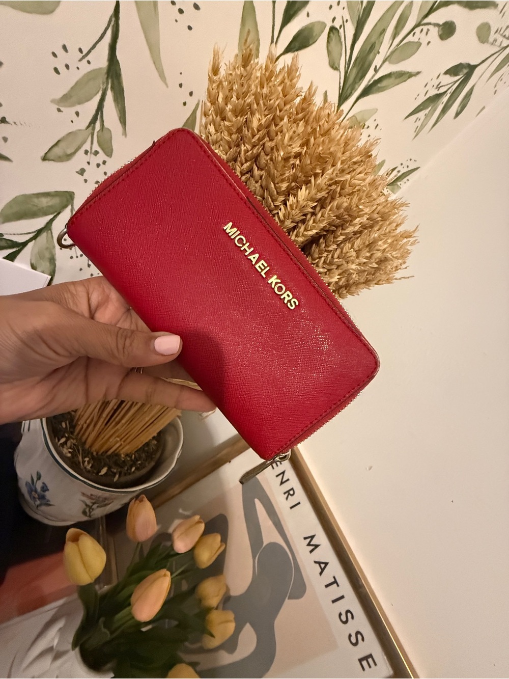 Michael Kors Red Saffiano Zip-Around Wallet with Gold Logo